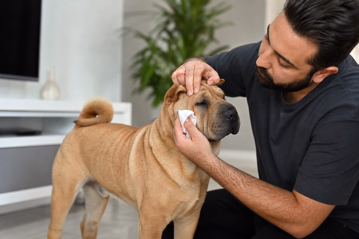 سگ چاینیز شارپی؛ ویژگیها، نگهداری و سلامت 2 خشککردن آرام چین صورت سگ چاینیز شارپی با پارچه تمیز