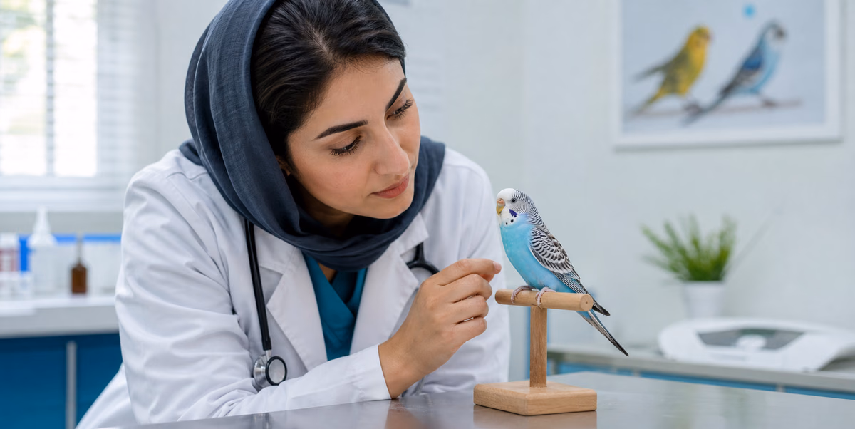 معاینه مرغ عشق آبی توسط دامپزشک پرندگان