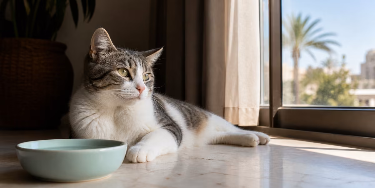 گربه در فضای خنک کنار ظرف آب