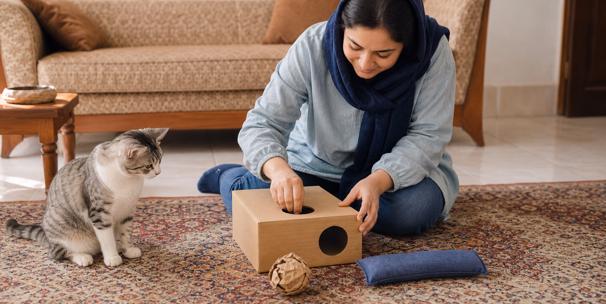 ساخت سه اسباب‌بازی خانگی ایمن برای گربه با مقوا و پارچه