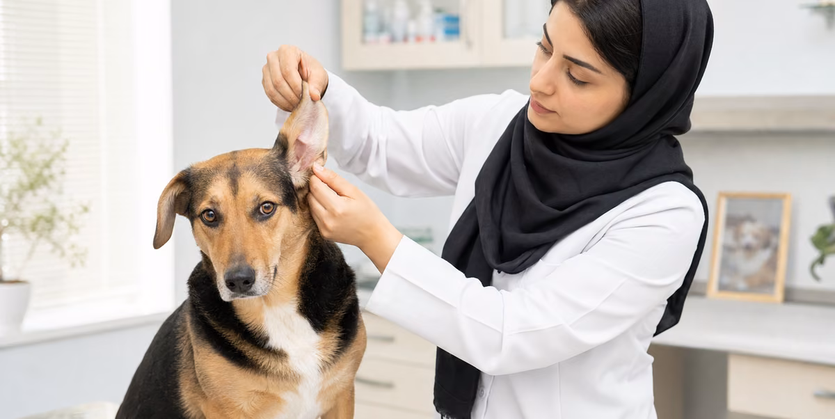 معاینه گوش سگ توسط دامپزشک
