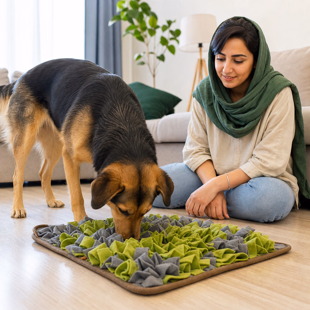 تخلیه انرژی سگ در خانه؛ ۹ روش ایمن و کاربردی 2 بازی بویایی سگ با تشک جستوجوی غذا