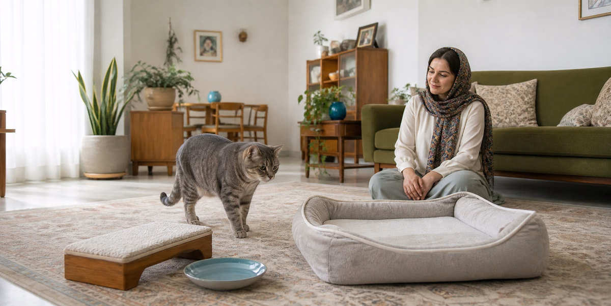 گربه سالمند در خانه مناسب‌سازی‌شده کنار جای خواب و ظرف آب